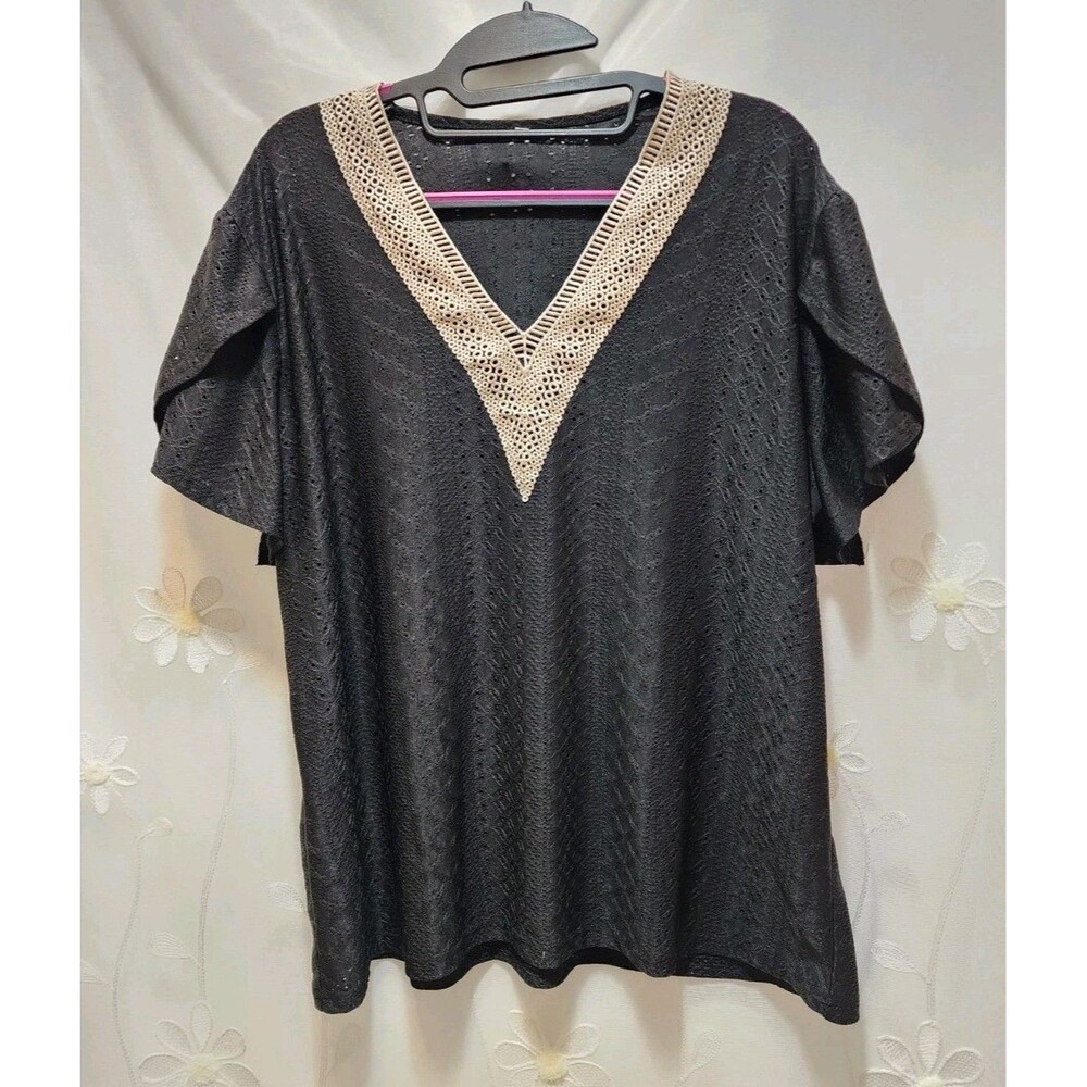 Women XXL Black Beige Shirt V-Neck Eyelet Embroided Petal Sleeve Boho Beach Chic